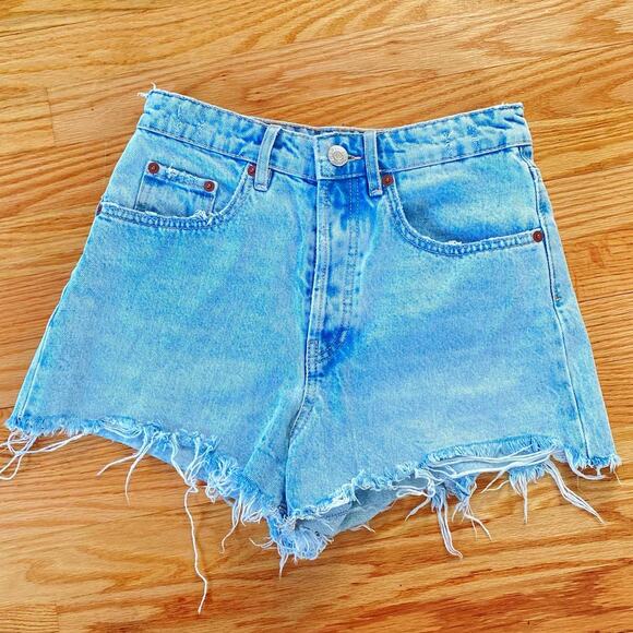 ZARA Wash Blue Denim Distresses Button Fly High Rise Cut Out Style Shorts 4us - Picture 3 of 10